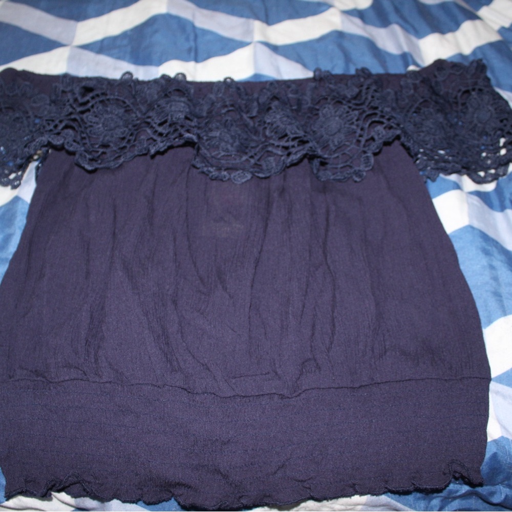 Wishful Park Navy Off-Shoulder Lace Top